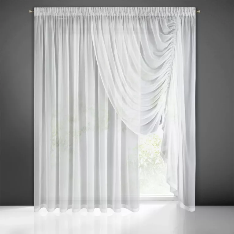 Firana biała na okno balkonowe z asymetrycznym podpięciem 360x250 cm taśma ANABEL