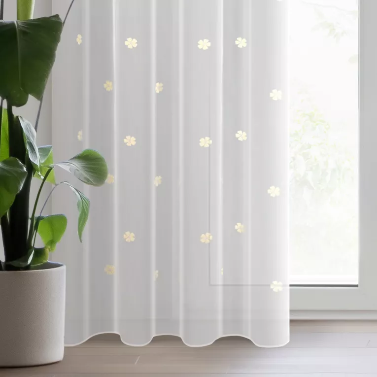 Firana biało, żółta z kwiatuszkami haftowanymi puszystą nicią 140x250 cm przelotka ELSA