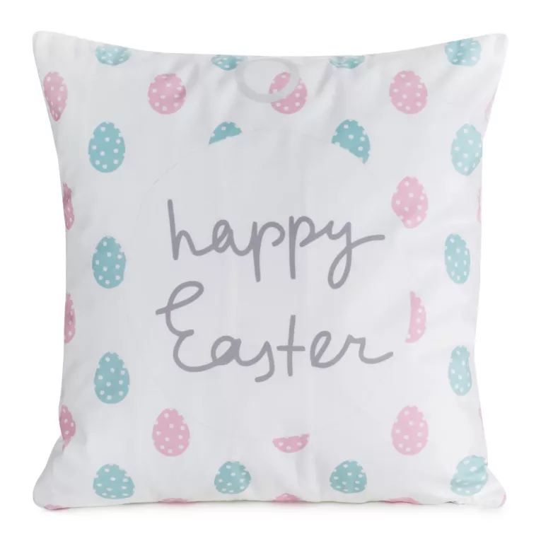 Poszewka na poduszkę 45x45 cm z weluru, biało, niebieska z motywem wielkanocnych pisanek WIOSNA 9