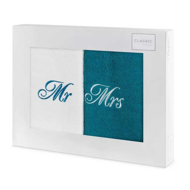 Zestaw ręczników bawełnianych na prezent 2 szt 70x140 cm z haftem MR&MRS kolor biały,turkusowy 400 g/m2