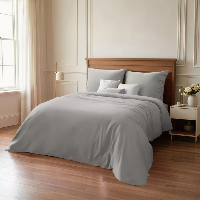Pościel bawełniana z makosatyny 160x200 cm komplet 3 częściowy gładka kolor jasnoszary DELIA Reina Line