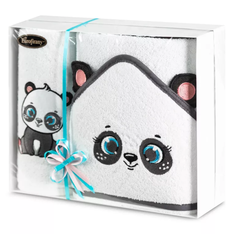 Zestaw ręczników bawełnianych na prezent 1 szt 100x100 cm, 1 szt 70x140 cm kolor biały, czarny z uroczą pandą na prezent dla dziecka