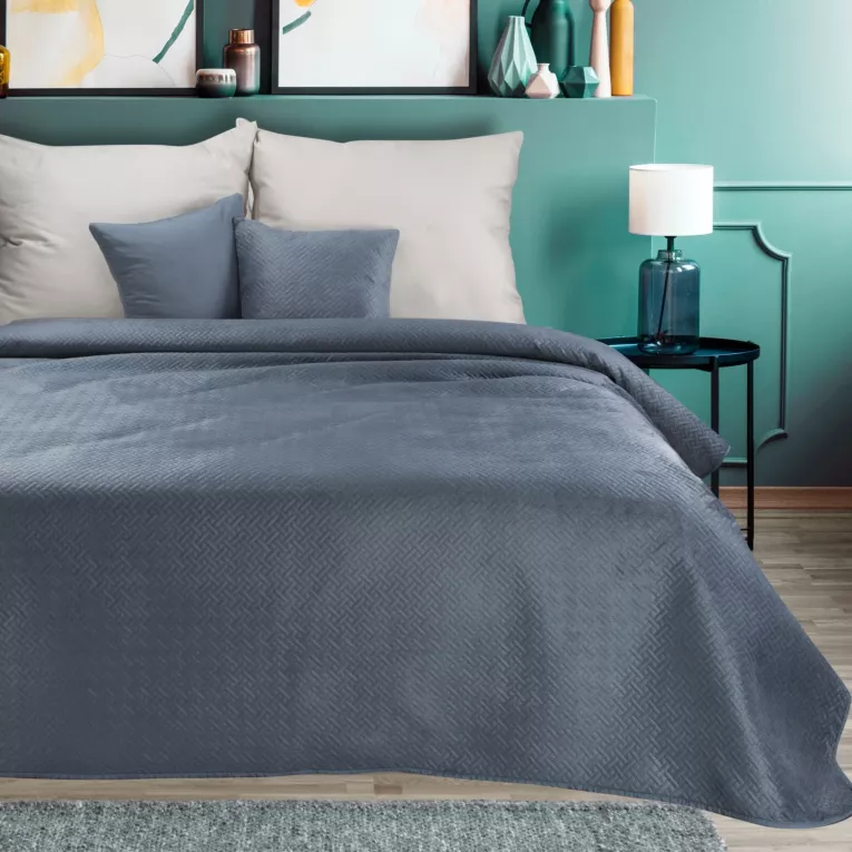 Narzuta welwetowa grafitowa 200x220 cm pikowana metodą hot press wzór geometryczny LUIZ