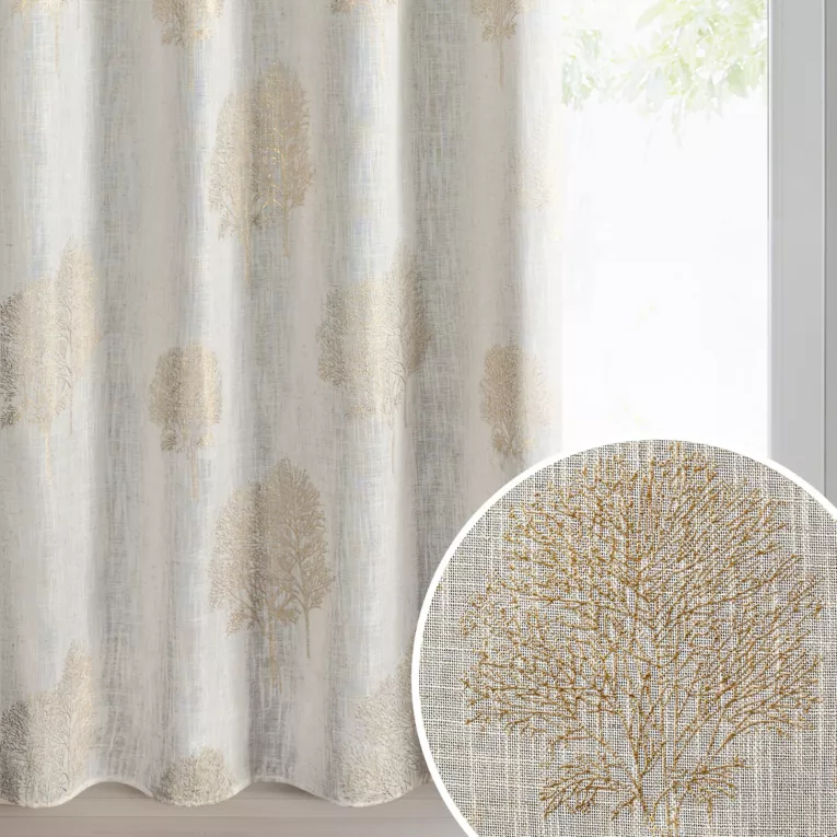Zasłona naturalna o naturalnym splocie zdobiona wypukłym wzorem drzew 140x250 cm złote przelotki - SALINA