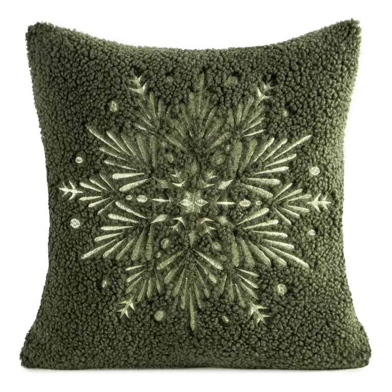 Poszewka na poduszkę 45x45 cm z tkaniny typu bukla ciemnozielono, szampańska zdobiona haftowaną gwiazdą