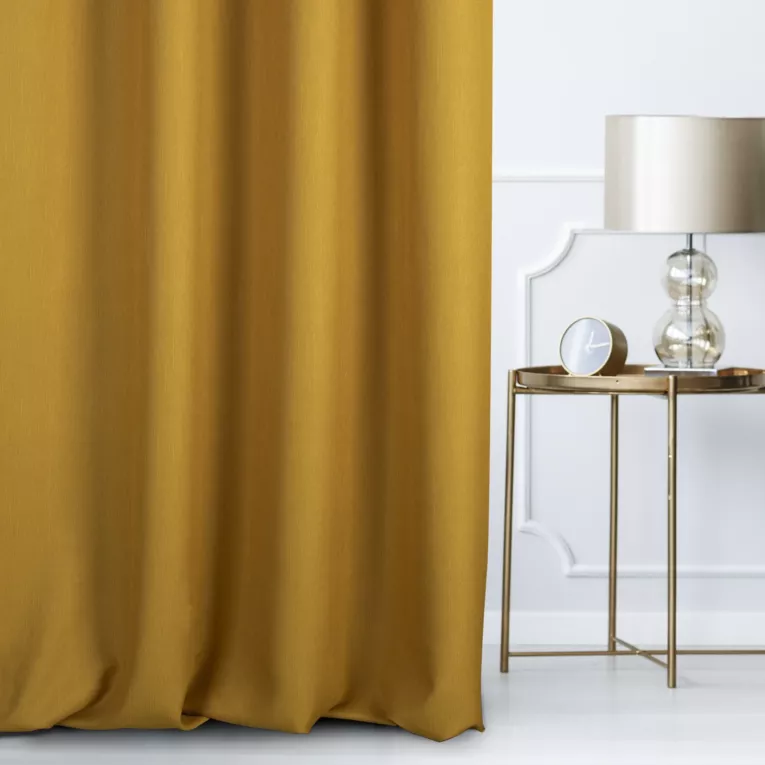 Zasłona szyta na flexach STYLE musztardowa o naturalnym charakterze, z widocznym, ozdobnym splotem