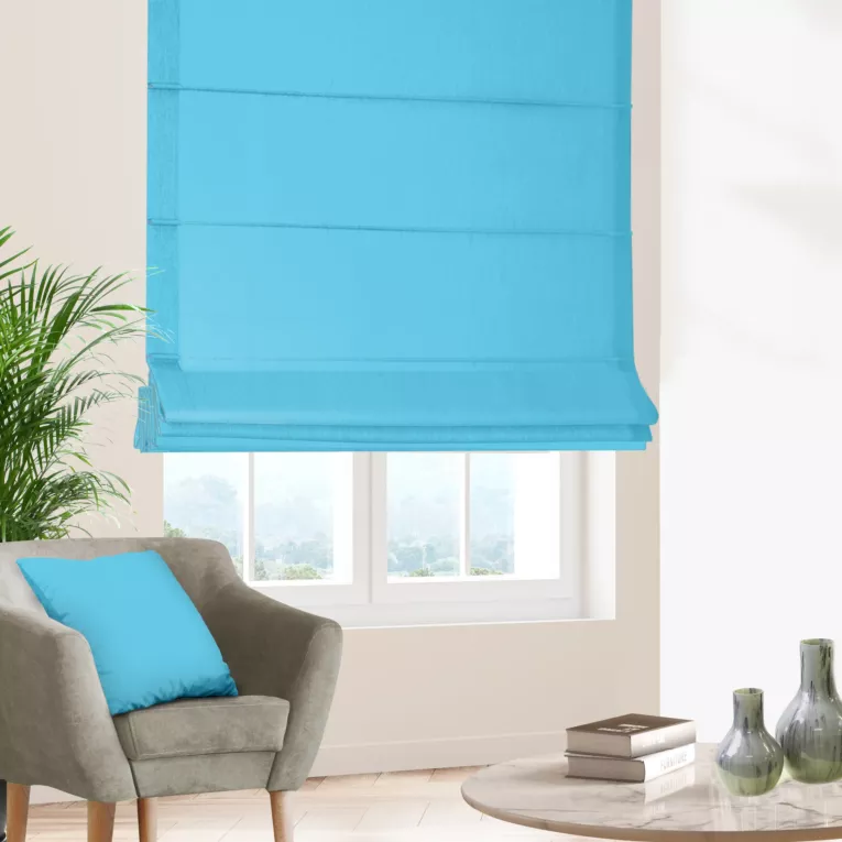 Roleta rzymska turkusowa z tkaniny trudnopalnej, zaciemniającej, typu blackout