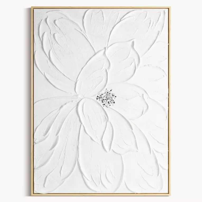 Obraz biały ręcznie malowany trójwymiarowy kwiat zdobiony kryształkami 60x90 cm
