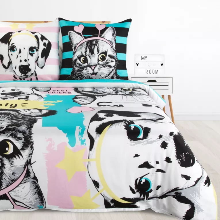 Pościel dziecięca 160x200 cm bawełniana kolor biały, czarny zdobiona uroczym nadrukiem zwierząt Design 91
