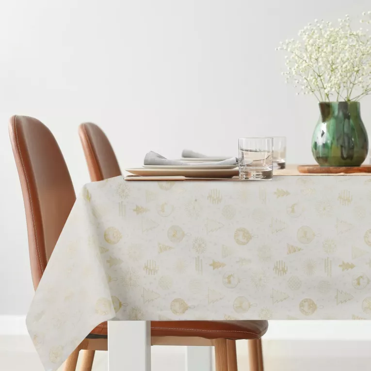 Obrus kremowy 135x180 cm z żakardowej tkaniny FLASH z motywem świątecznym przetykanym złotą nicią