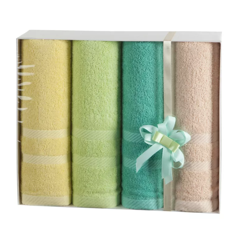 Zestaw ręczników bawełnianych na prezent 4 szt 50x90 cm kolor żółty, jasnozielony z bordiurą w paseczki