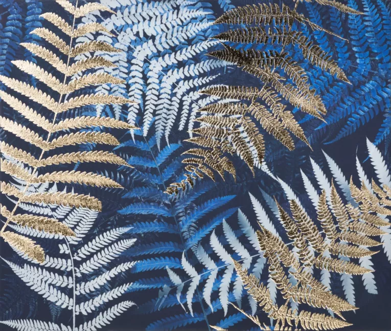 Obraz RAINFOREST nadruk w stylu botanicznym na płótnie ze złotymi elementami