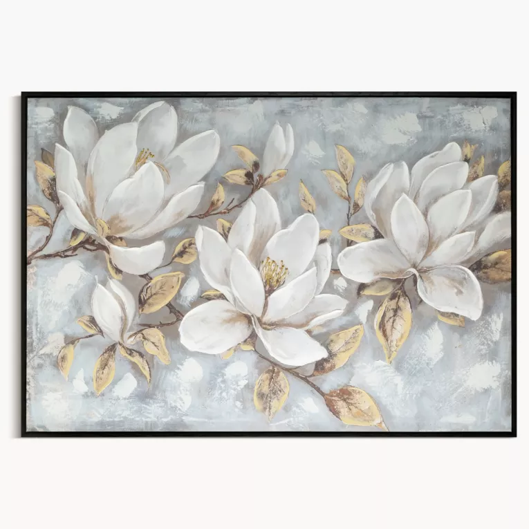 Obraz kremowo, beżowy ręcznie malowane magnolie na płótnie z błyszczącymi akcentami 70x140 cm