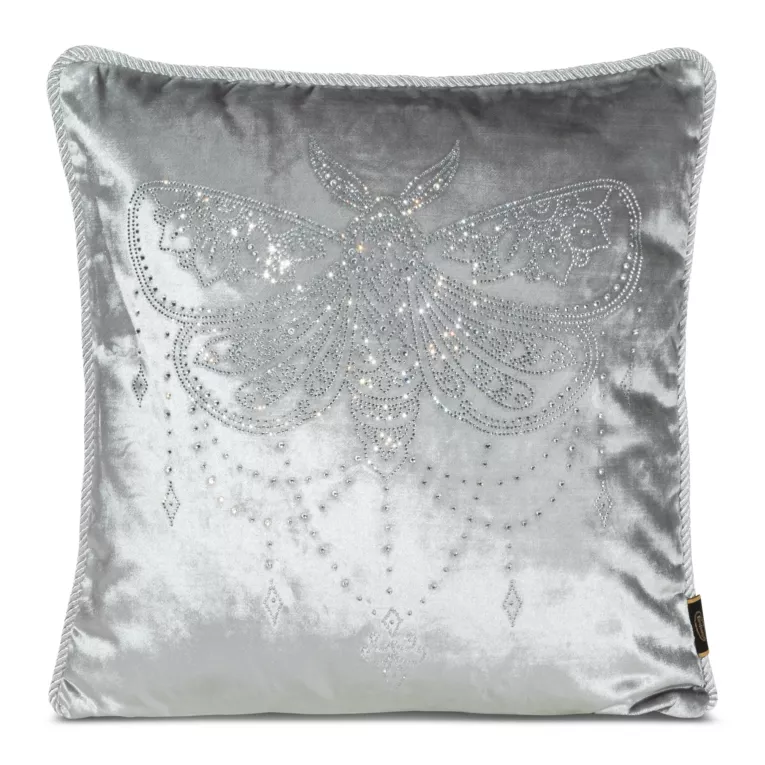 Poszewka na poduszkę 45x45 cm welwetowa, srebrna zdobiona wzorem motyla z kryształków ROYAL 8
