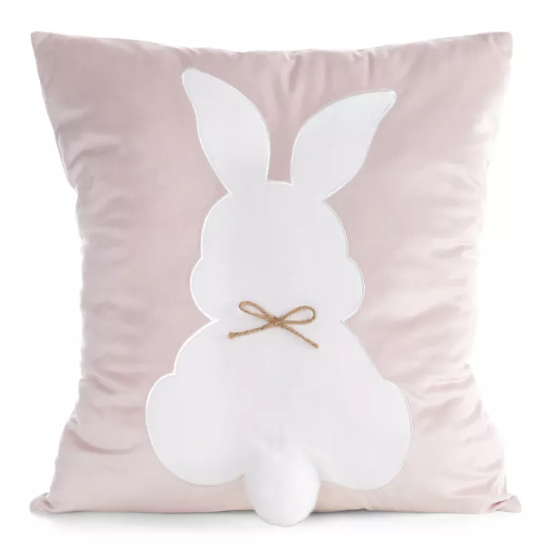 Wielkanocna poszewka na poduszkę 45x45 cm welwetowa zdobiona zajączkiem jasnoróżowo, biała WIOSNA 133