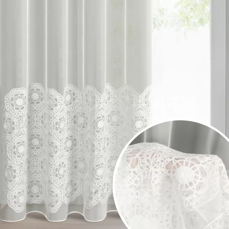 Firana kolor naturalny z tkaniny typu peru zdobiona aplikacją 140x250 cm przelotka - LIZA