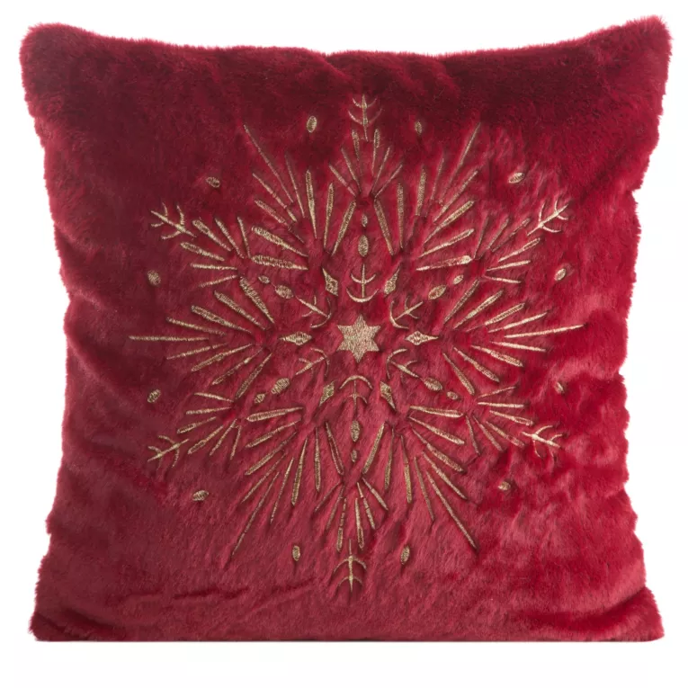 Poszewka na poduszkę świąteczna 45x45 cm bordowo, szampańska z przyjemnego futerka zdobiona haftem śnieżynki