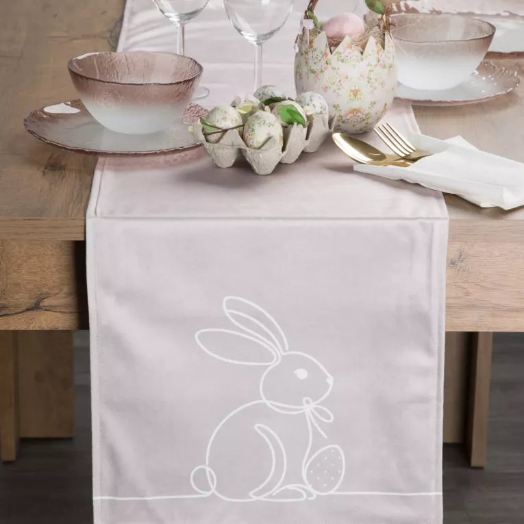 Bieżnik na stół beżowo, biały 35x140 cm welwetowy WIOSNA 1 z nadrukiem zajączka