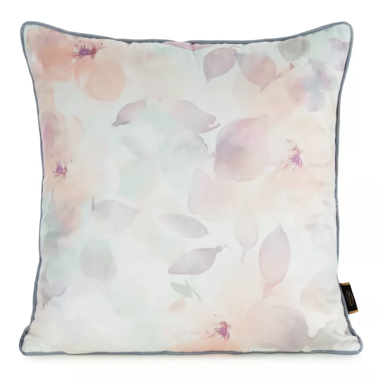 Poszewka na poduszkę 45x45 cm welwetowa, biało pomarańczowa z nadrukiem pastelowych kwiatów VELVET 148 Eurofirany Premium
