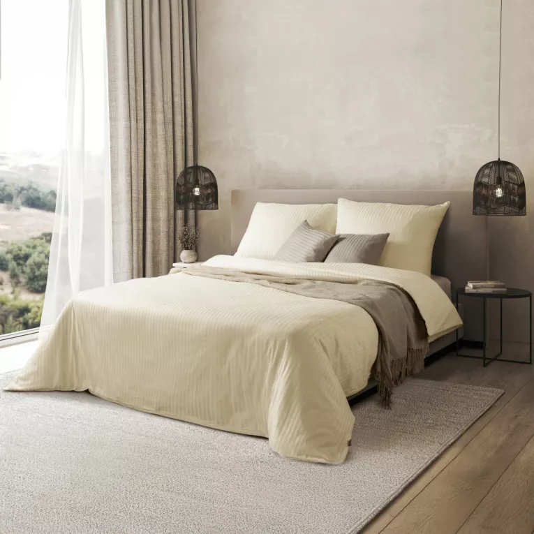 Pościel 220x200 cm satyna bawełniana kolor kremowy w drobne prążki VERA