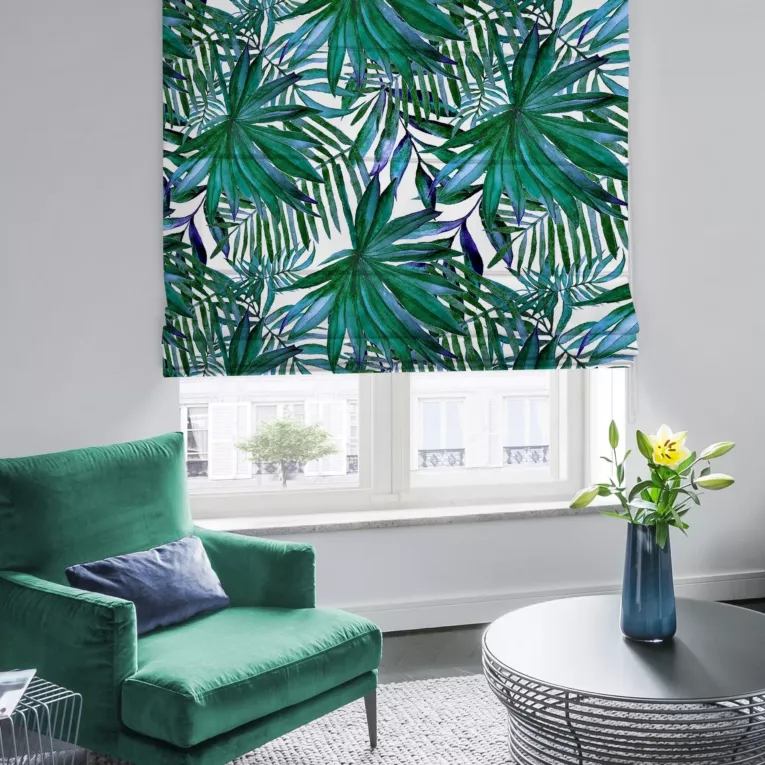 Roleta rzymska JASMINA naturalno zielona z miękkiej tkaniny typu blackout drukowanej w egzotyczne liście