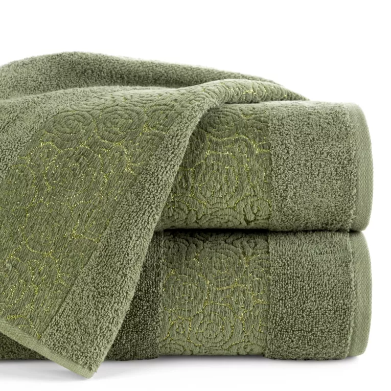 Ręcznik do rąk 30x50 cm bawełniany kolor ciemnozielony zdobiony wytłaczanym motywem róż z dodatkiem błyszczącej nici IRIS