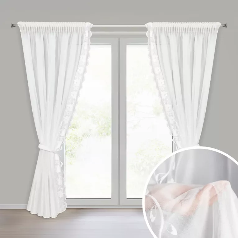 Komplet 2 szt. firan białych z drobnej siateczki zdobionych subtelnym haftem 140x270 cm taśma - LETI