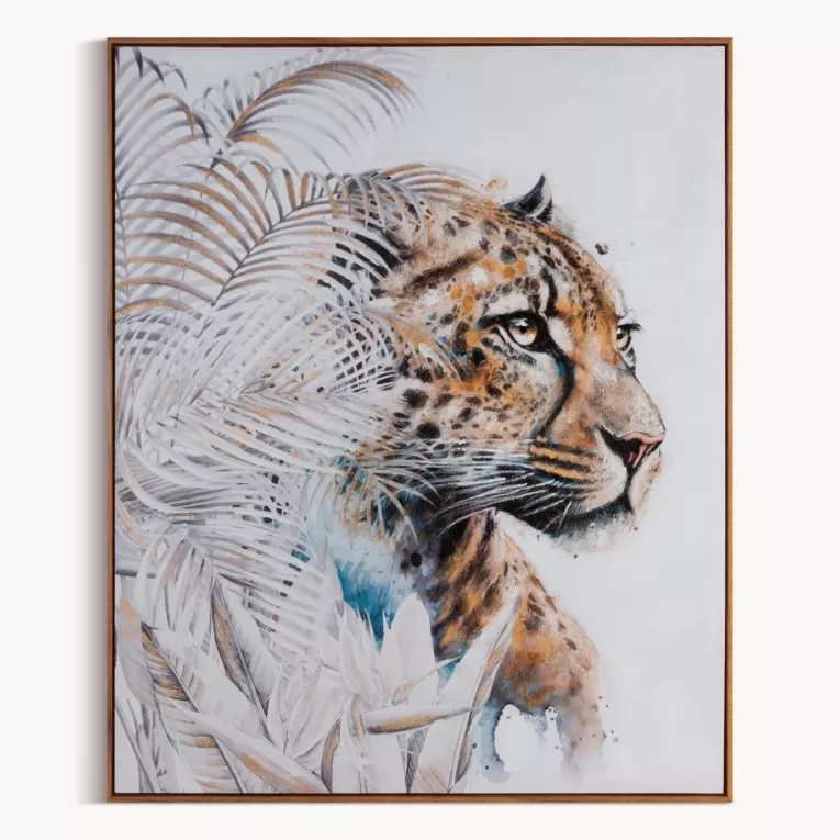 Obraz ręcznie malowany na płótnie gepard wśród liści palm, oprawiony w ramę