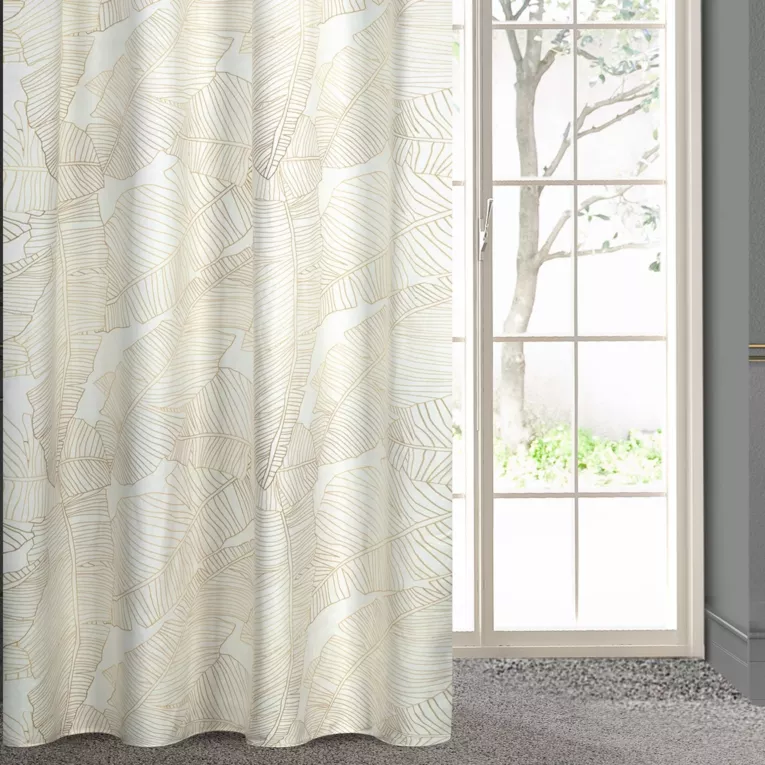 Zasłona biało, beżowa ze wzorem liści z matowego welwetu 140x250 cm przelotka - LUNA 2 - Limited Collection