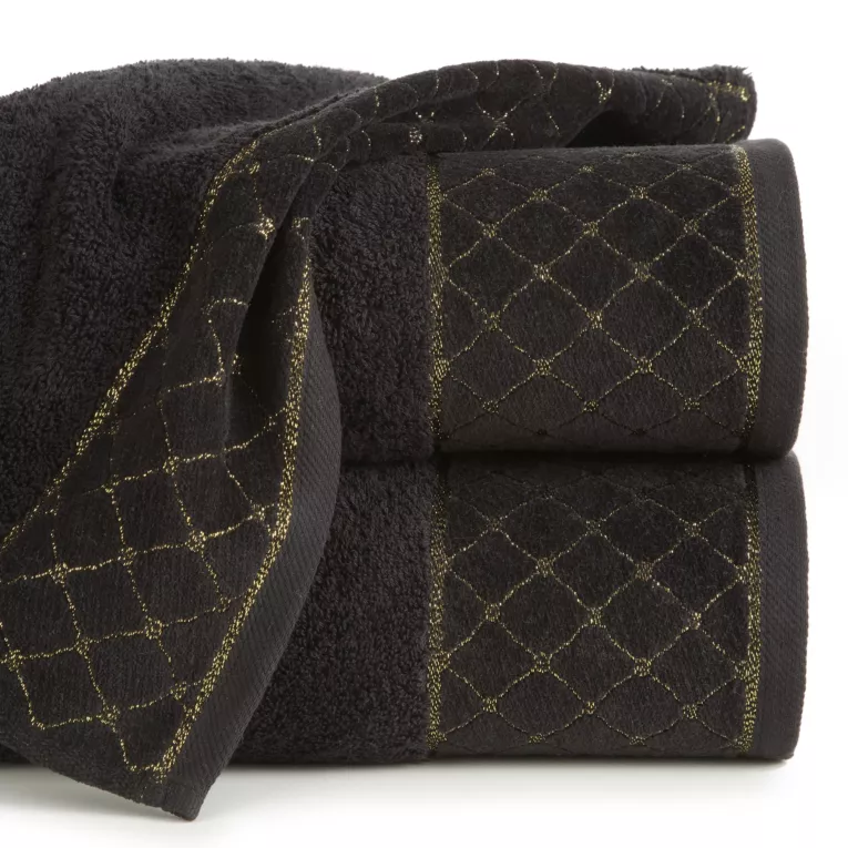 Ręcznik kąpielowy 70x140 cm bawełniany kolor czarny z miękką szenilową bordiurą ze srebrnym geometrycznym wzorem 520 g/m2 MARTHA