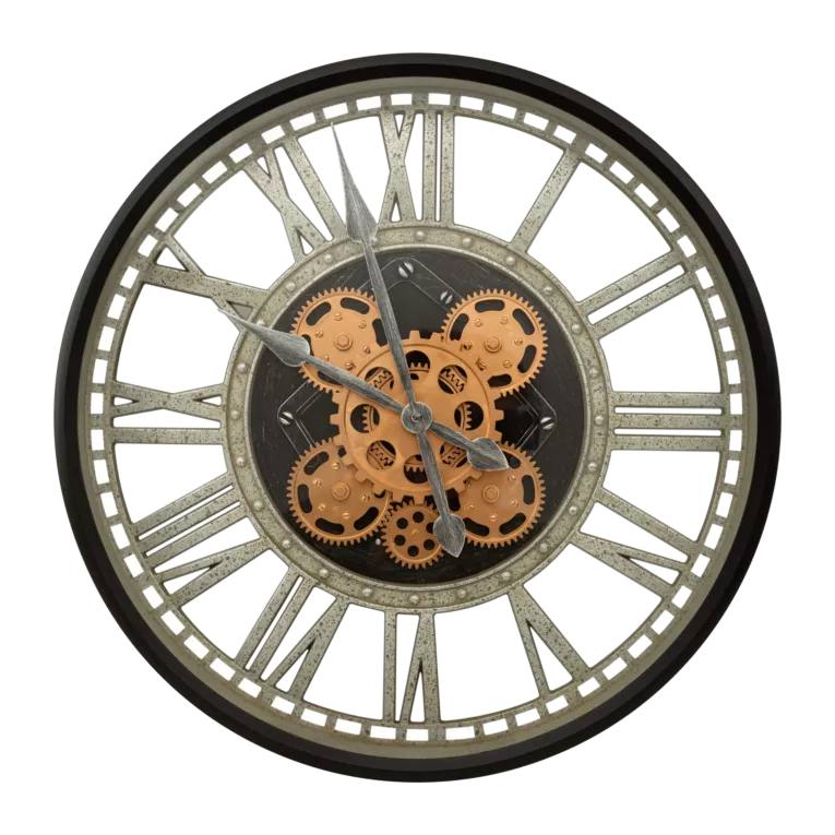 Duży dekoracyjny zegar ścienny z rzymskimi cyframi i ruchomymi kołami zębatymi, styl vintage, 50 cm średnicy