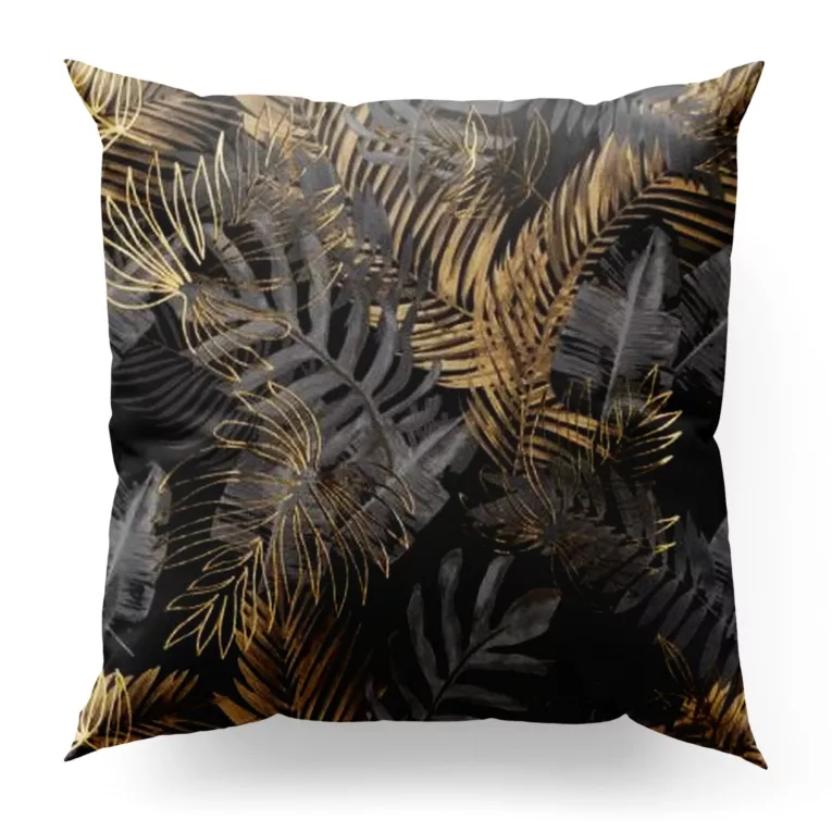 Poszewka szyta czarno grafitowa miękka, welwetowa, z błyszczącym nadrukowanym motywem botanicznym i złotymi elementami