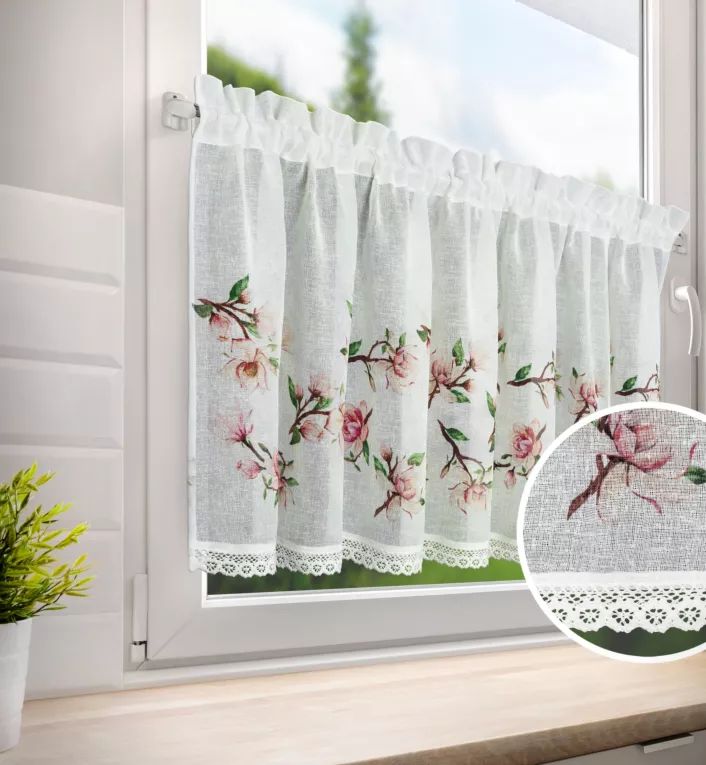 Zazdrostka ARI z etaminy zdobiona nadrukiem magnolii i koronką 150x60 cm