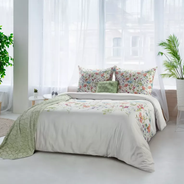 Pościel 140x200 cm bawełniana kolor biały, zielony z botanicznym wzorem w stylu romantycznym SPRING 24