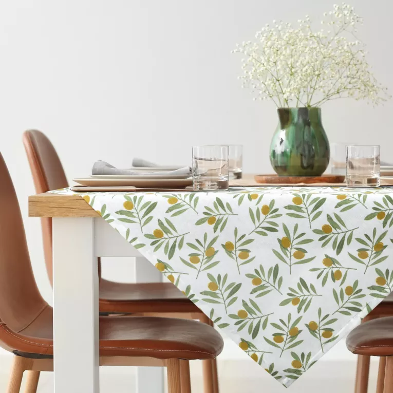 Obrus na stół plamoodporny 85x85 cm biało, zielony z motywem oliwek - ERIN