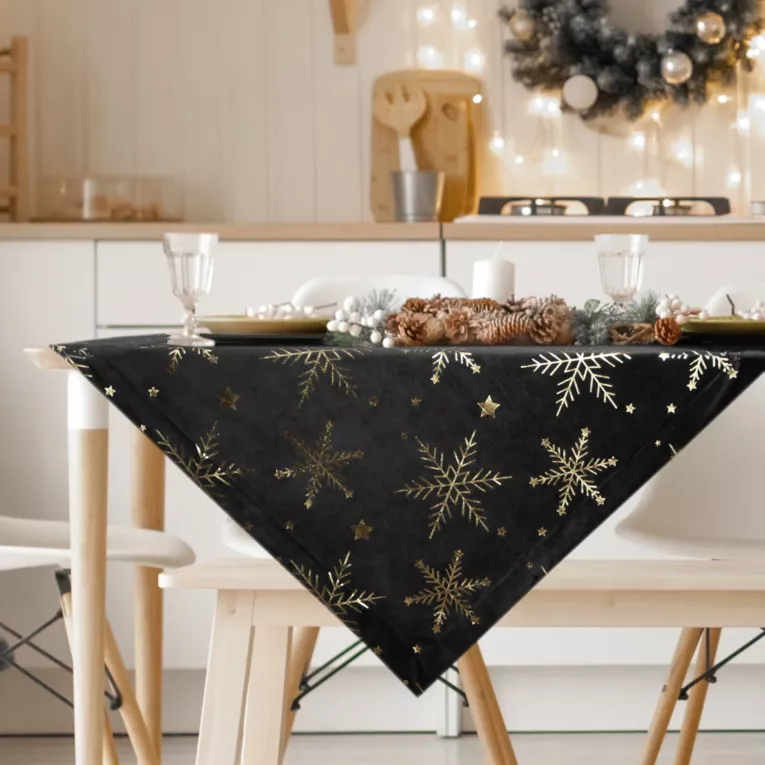 Obrus świąteczny 85x85 cm czarno, szampański welwetowy zdobiony śnieżynkami