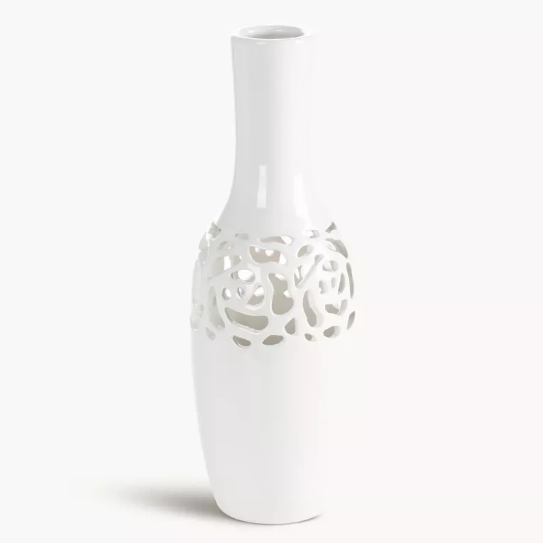 Wazon dekoracyjny biały wykończony ażurowym wzorem 10x30 cm CELIA