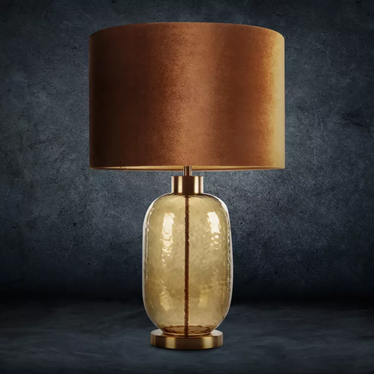 Lampa stołowa do pokoju ceglasta NELLY na szklanej podstawie z złotego szkła z welwetowym abażurem