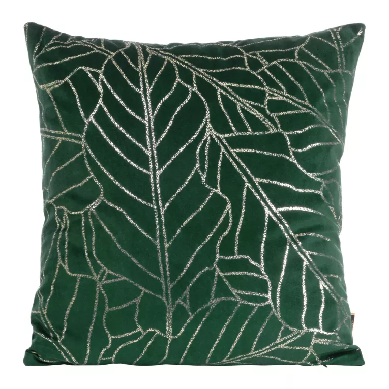 Poszewka na poduszkę 45x45 cm welwetowa ciemnozielona z nadrukiem błyszczących liści BLINK 32