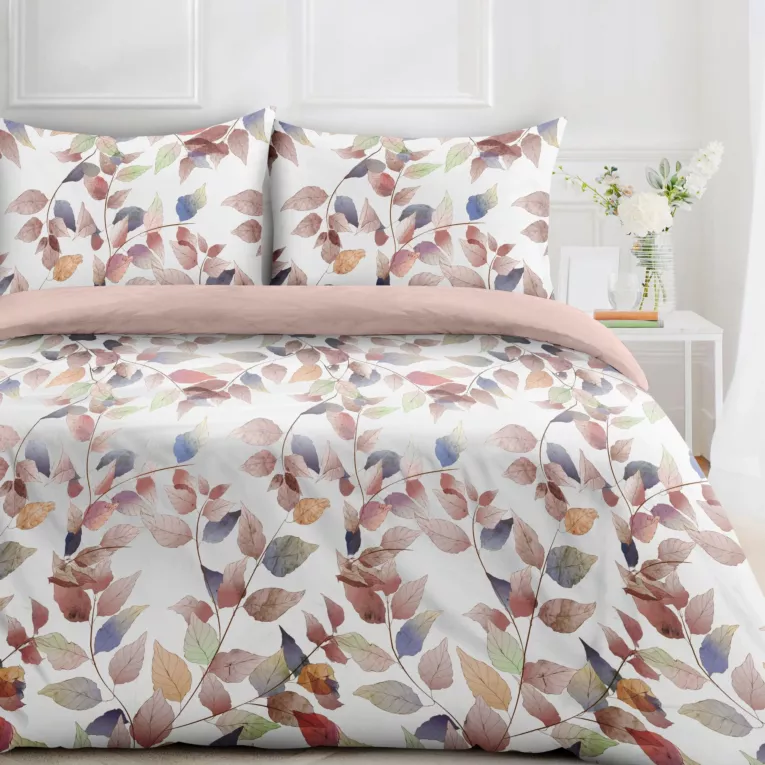 Pościel 140x200 cm kolor biały, ciemnoróżowy z motywem cieniowanych liści LINDA design 91