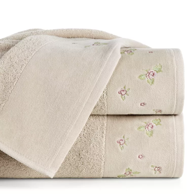 Ręcznik kąpielowy 50x90 cm bawełniany kolor beżowy zdobiony haftem różyczek DALIA
