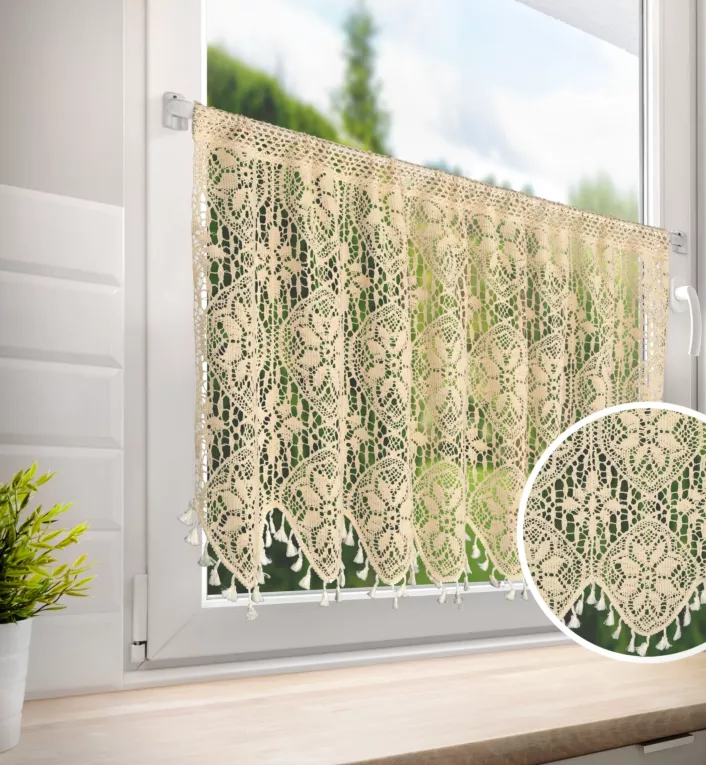 Zazdrostka jansobeżowa ażurowa  w stylu boho zdobiona subtelnymi frędzelkami 150x60 cm tunel MOLY