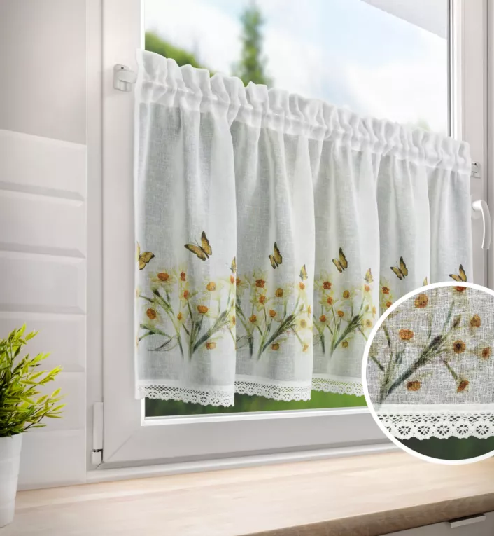 Zazdrostka FLORA z etaminy zdobiona nadrukiem narcyzów i koronką 60x150 cm