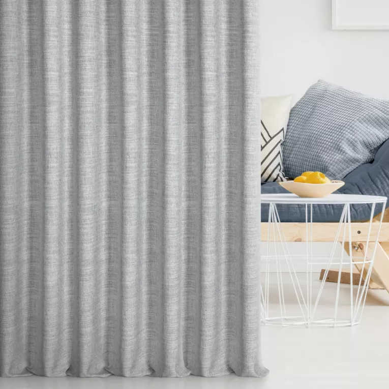 Zasłona szyta na taśmie 5 cm srebrno popielata z tkaniny w stylu eko o naturalnym splocie, z efektem melanżu, wykończona obciążnikiem