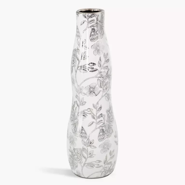 Wazon dekoracyjny biało, srebrny zdobiony roślinnym wzorem 11x35 cm RITA