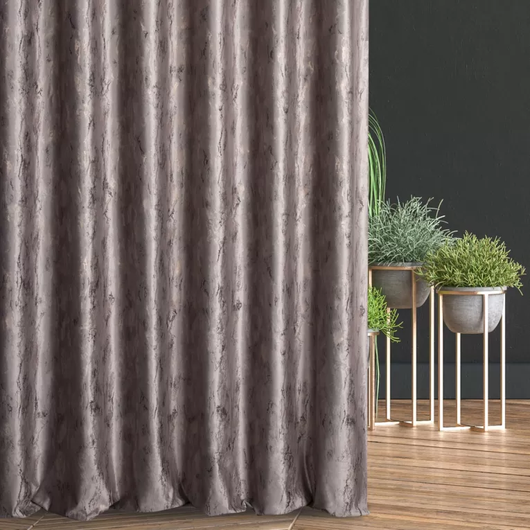 Zasłona szyta na taśmie 5 cm jasnobrązowo złocista z tkaniny welwetowej ze złotym marmurkowym nadrukiem