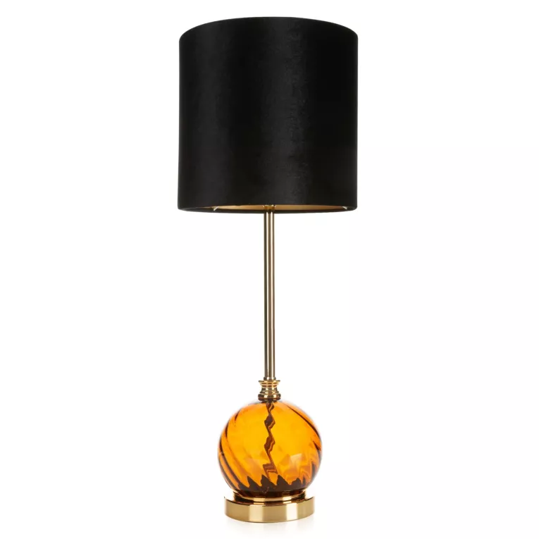 Lampa stołowa do salonu czarno, złota VALERY zdobiona szklaną podstawą i welwetowym abażurem