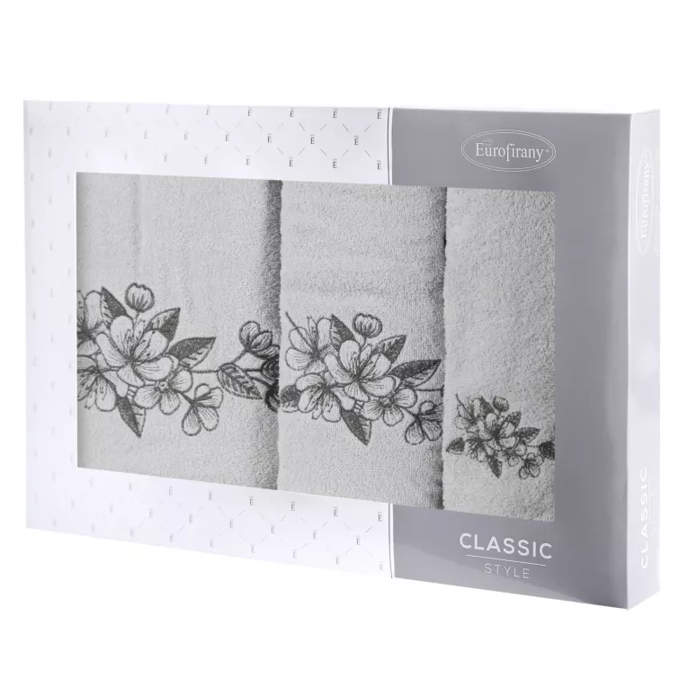 Zestaw ręczników bawełnianych na prezent 3 szt kolor srebrny,stalowy z haftowanym motywem kwiatu wiśni 400 g/m2 SOFIA