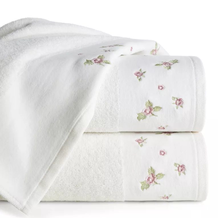 Ręcznik kąpielowy 70x140 cm bawełniany kolor kremowy zdobiony haftem różyczek DALIA