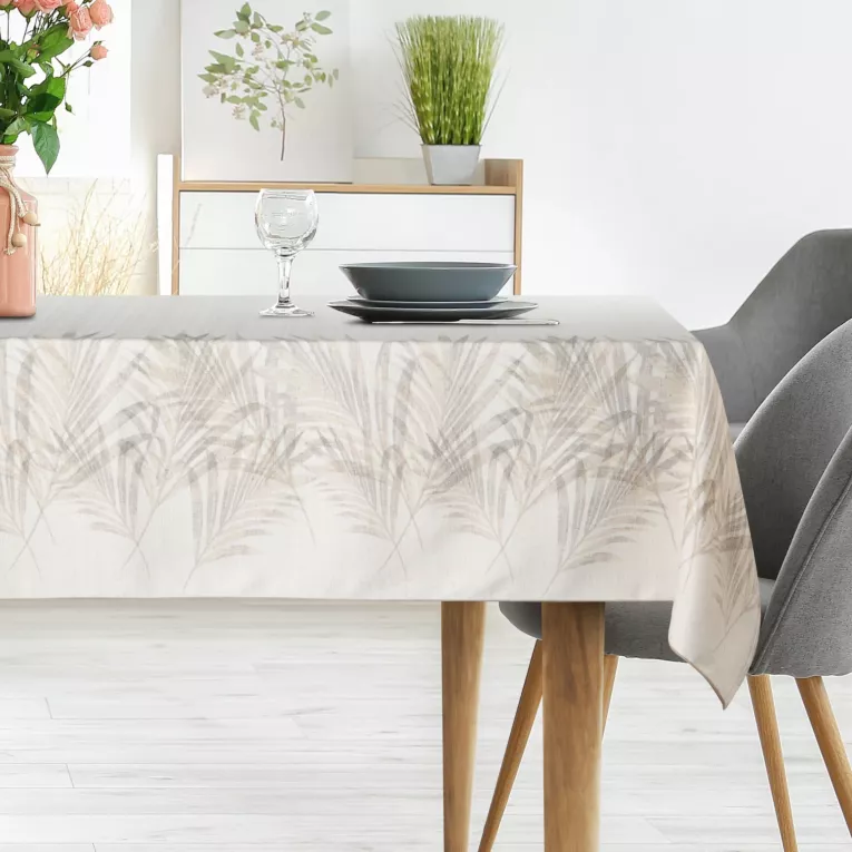 Obrus beżowo, kremowy 145x220 cm INES 11 z nadrukowanym motywem liści palmowych